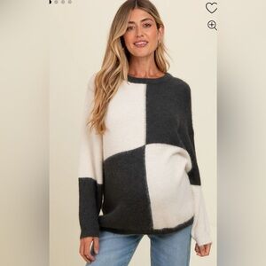 NWOT First Love Charcoal Colorblock Checker Print Fuzzy Knit Sweater